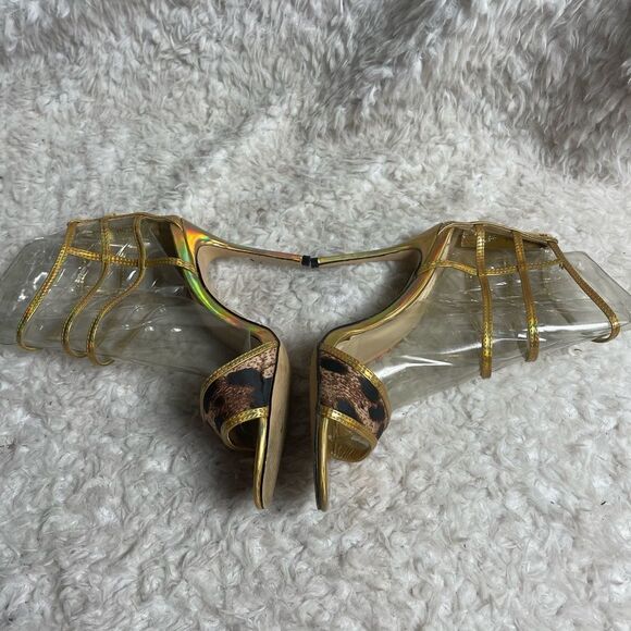 Shoe Dazzle leopard print and gold synthetic straps sandals back Zipper SZ8 - Picture 5 of 10